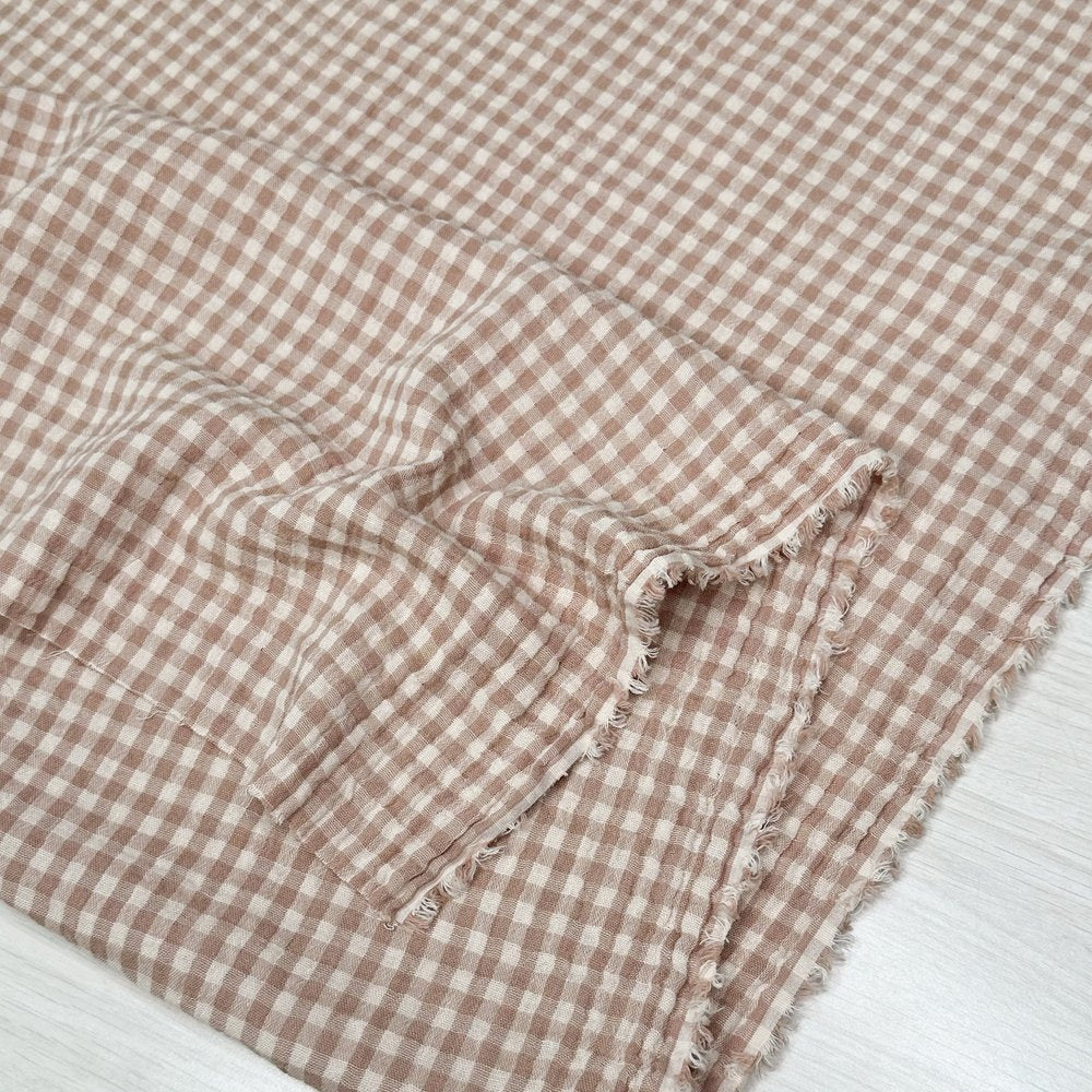 Organic Cotton Gauze Gingham in Natural/Fawn