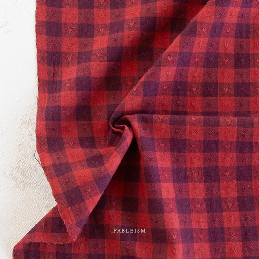 Dobby Hearts Gingham in Maraschino by Fableism Fabric sold by 1/2 yard extra wide