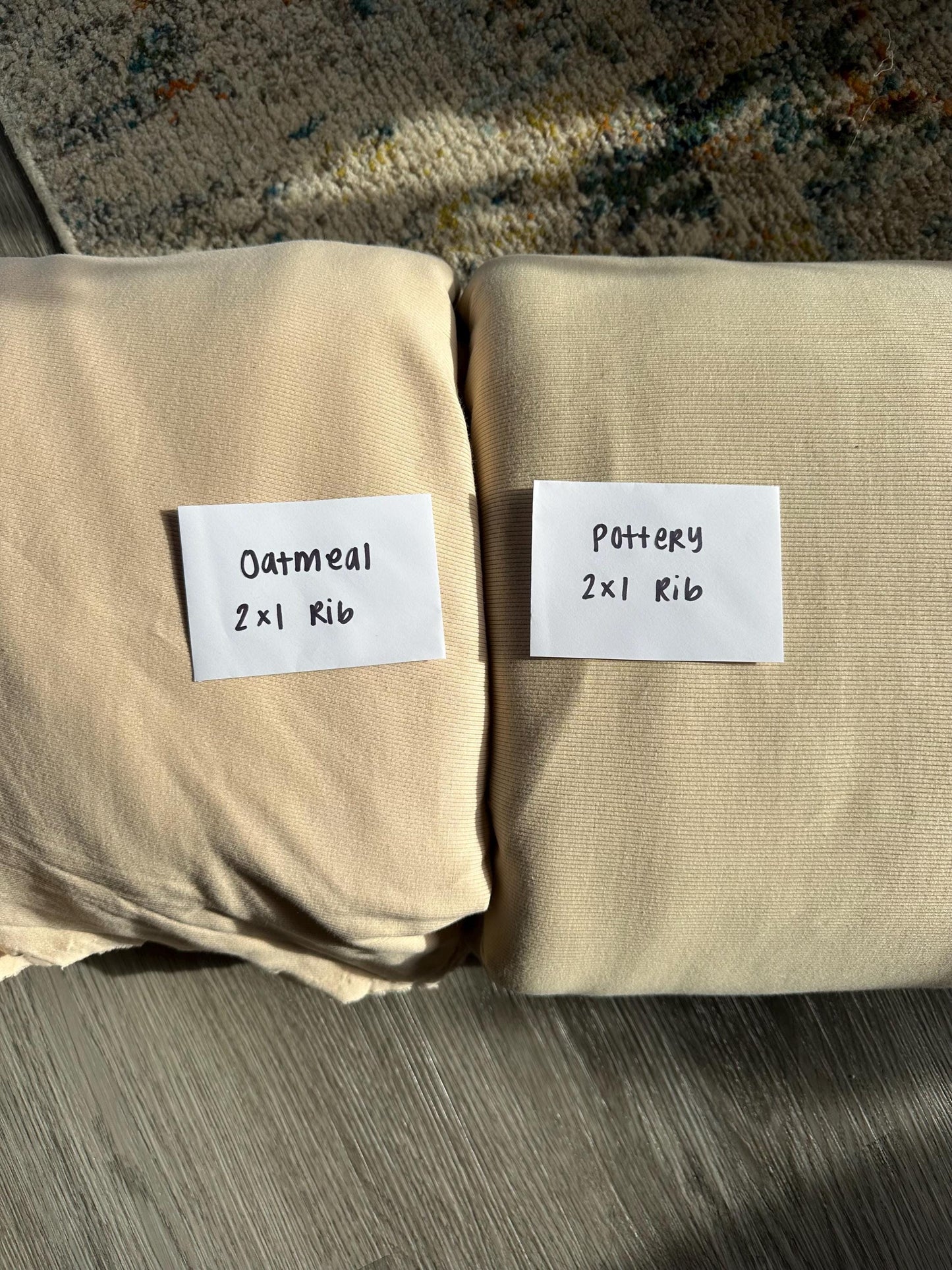 Oatmeal color organic cotton 2x1 rib knit sold by the half yard | Earthy stretch knit fabric for cuffs, bands, clothes and more!