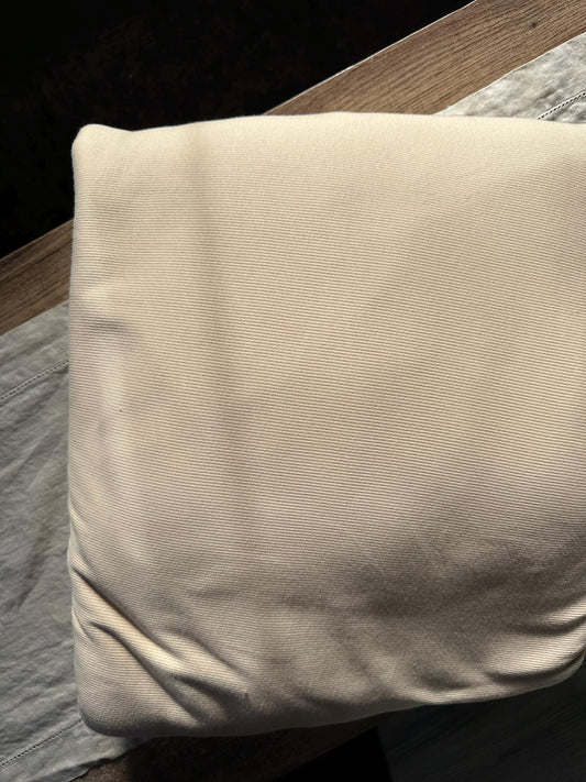 Oatmeal color organic cotton 2x1 rib knit sold by the half yard | Earthy stretch knit fabric for cuffs, bands, clothes and more!