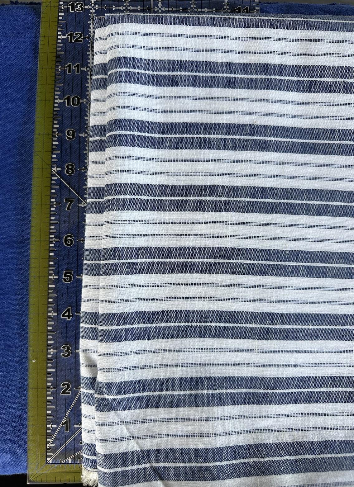 Striped Blue and White Linen/Cotton Blend sold by the half yard | Lightweight linen for apparel, home decor | Deadstock fabric