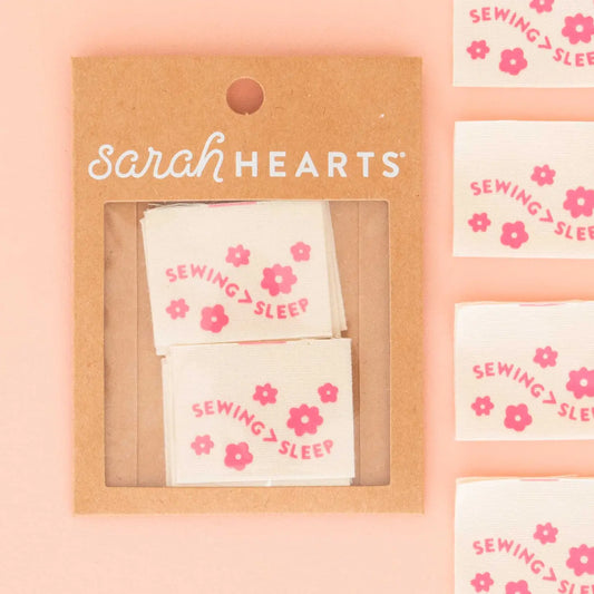 "Sewing > Sleep" Pink Organic Cotton Sewing Label Tags