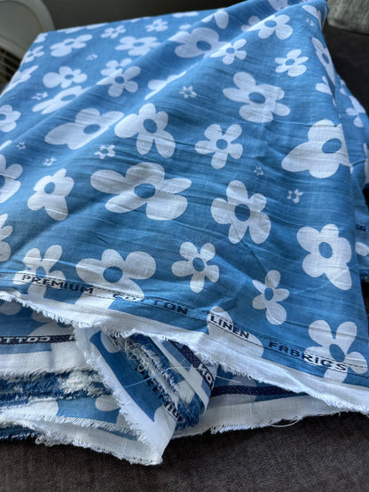 Retro Daisies in Blue - PF Original Screen Print on Linen/Cotton