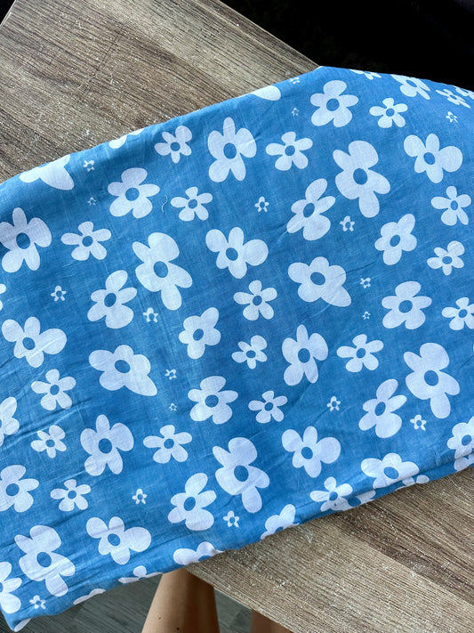 Retro Daisies in Blue - PF Original Screen Print on Linen/Cotton