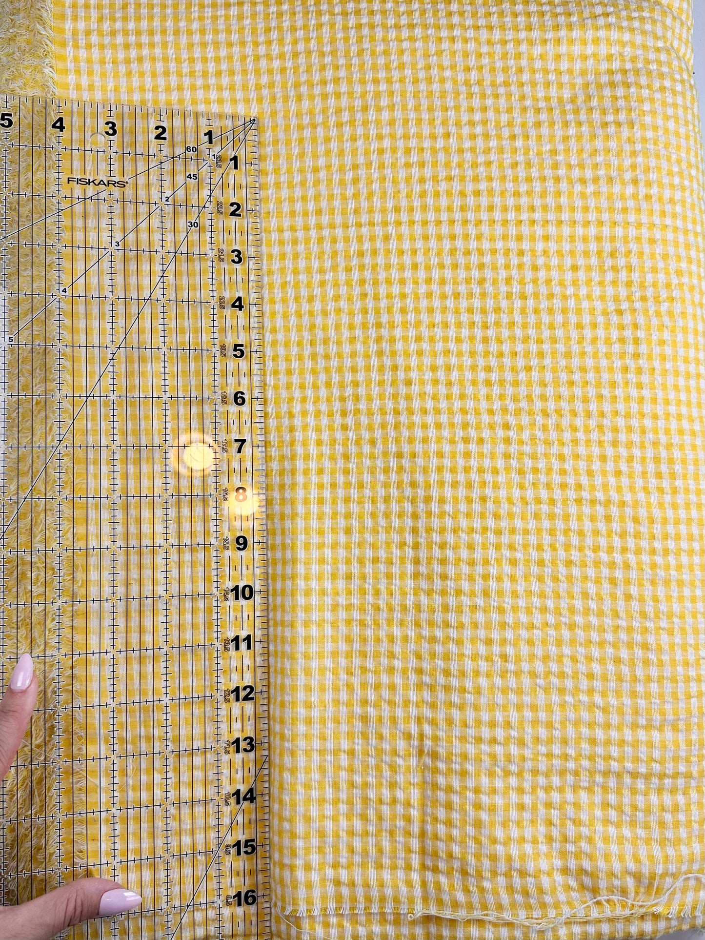Deadstock Gingham Seersucker Fabric in Yellow/White