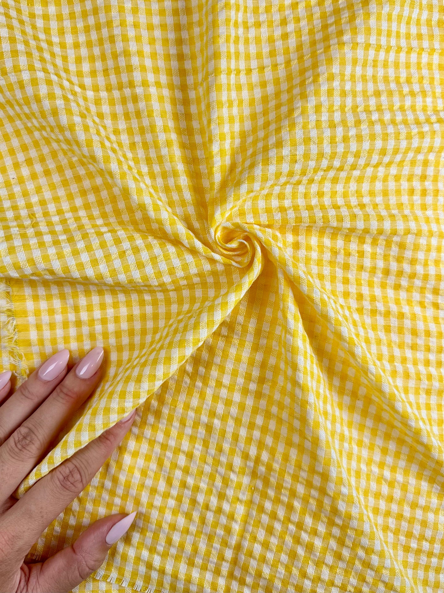 Deadstock Gingham Seersucker Fabric in Yellow/White
