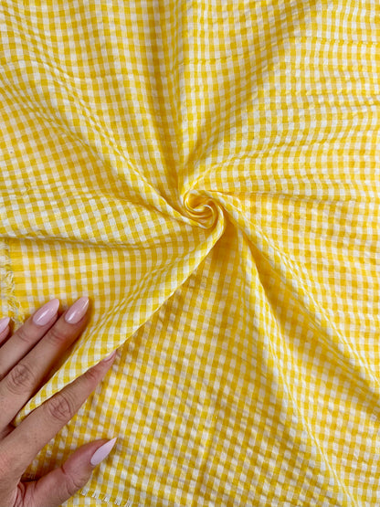 Deadstock Gingham Seersucker Fabric in Yellow/White