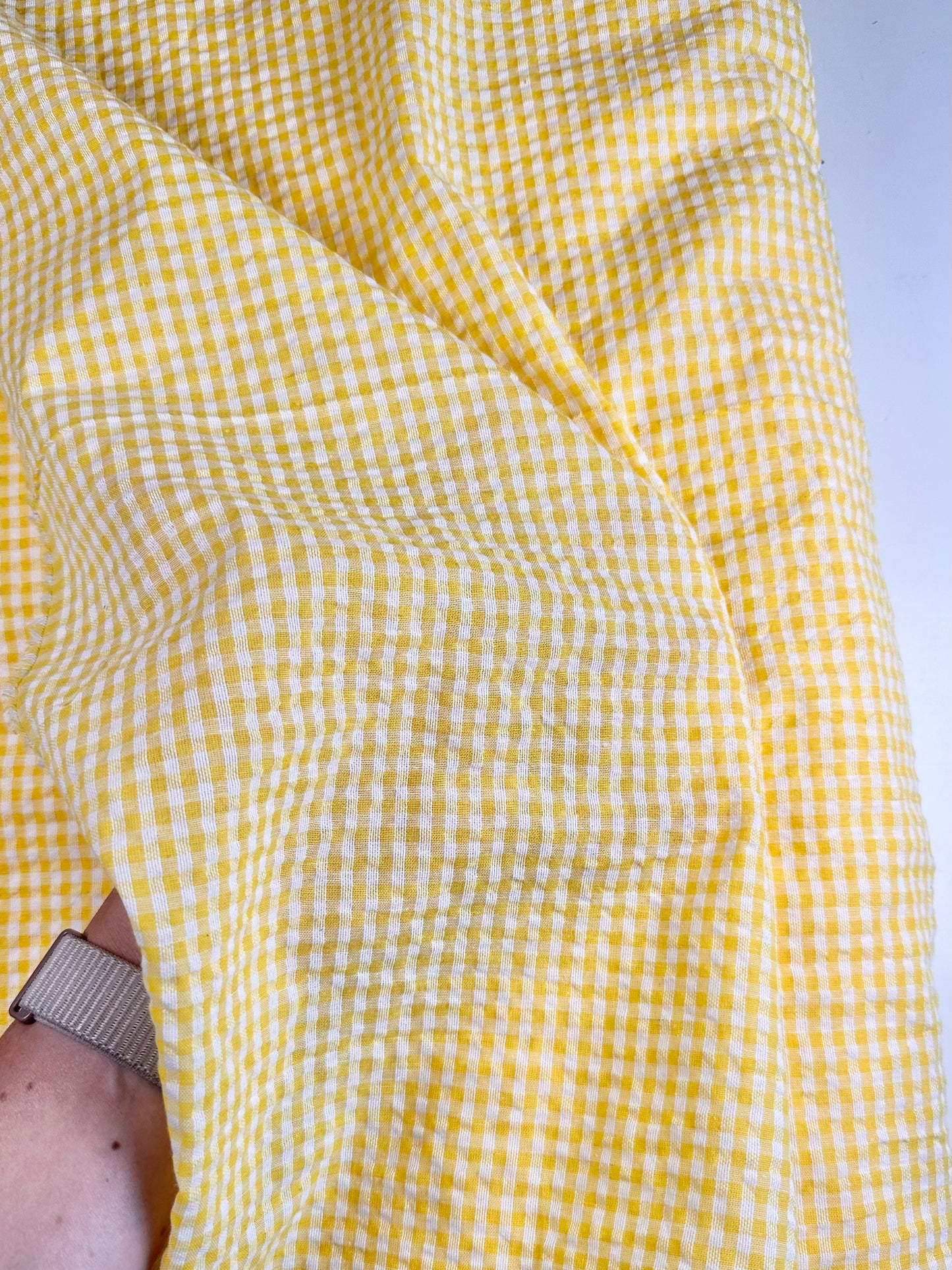 Deadstock Gingham Seersucker Fabric in Yellow/White