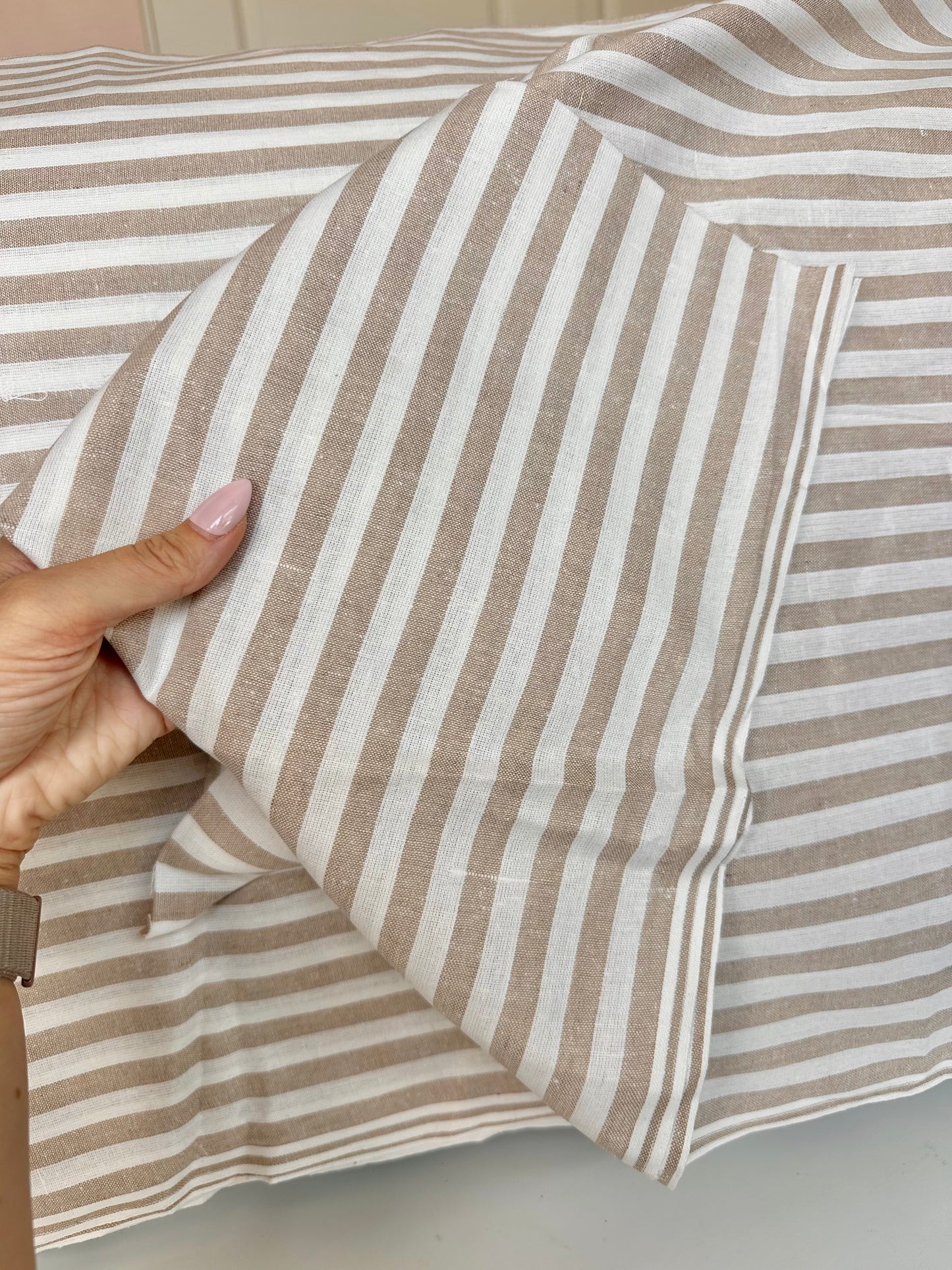 Woven Striped Cotton in Tan/White