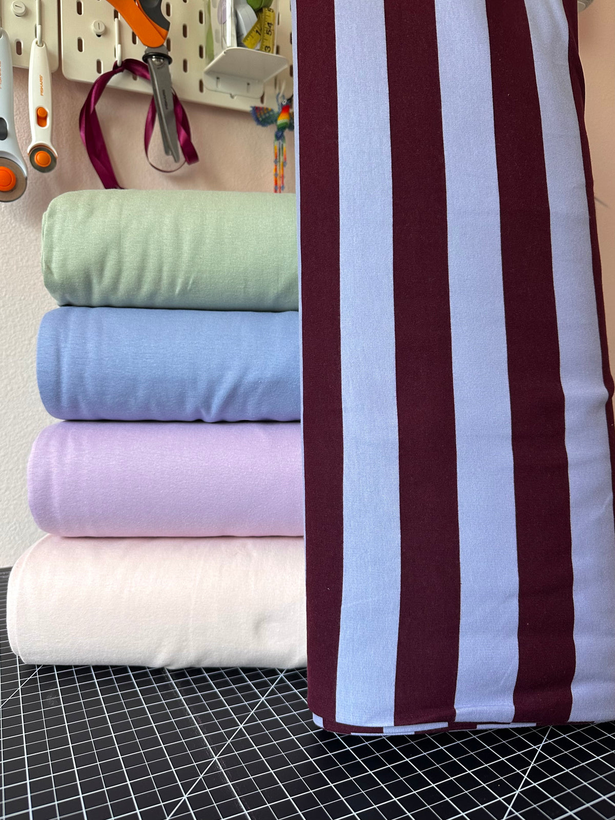 Light Cotton Sweatshirt Fleece - Burgundy/Periwinkle Stripes