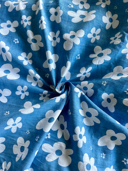 Retro Daisies in Blue - PF Original Screen Print on Linen/Cotton