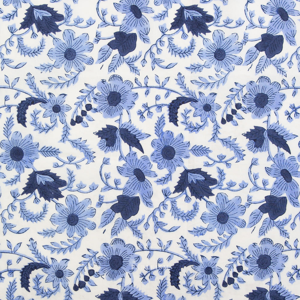 Country Floral Cotton Block Print in Blue