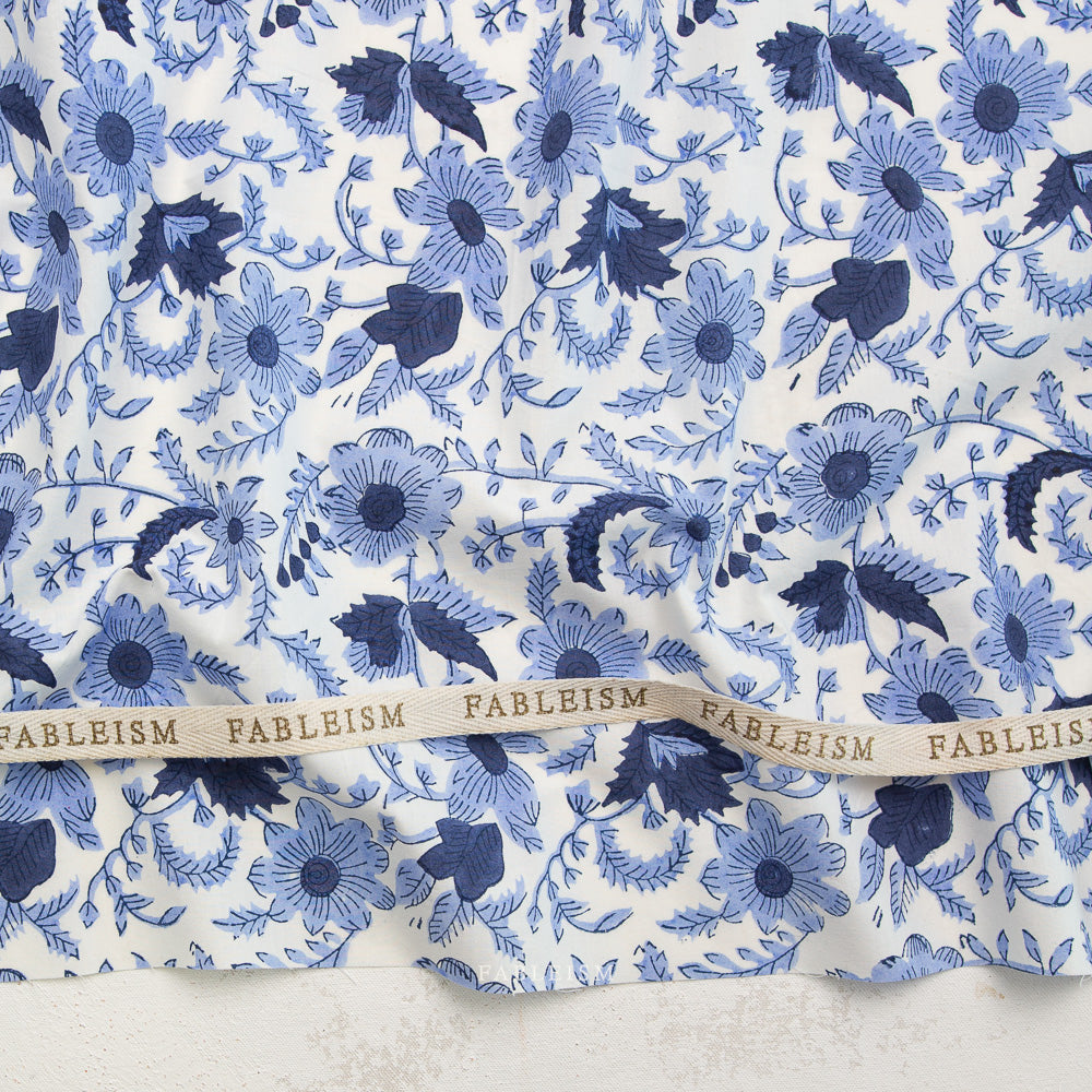 Country Floral Cotton Block Print in Blue