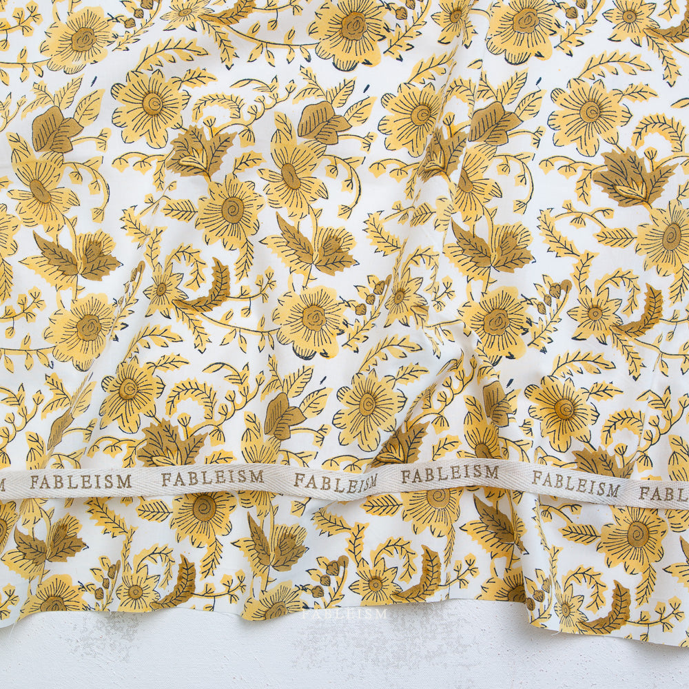 Country Floral Cotton Block Print in Yellow