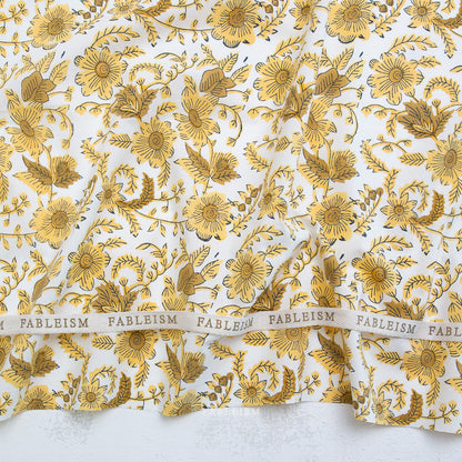 Country Floral Cotton Block Print in Yellow