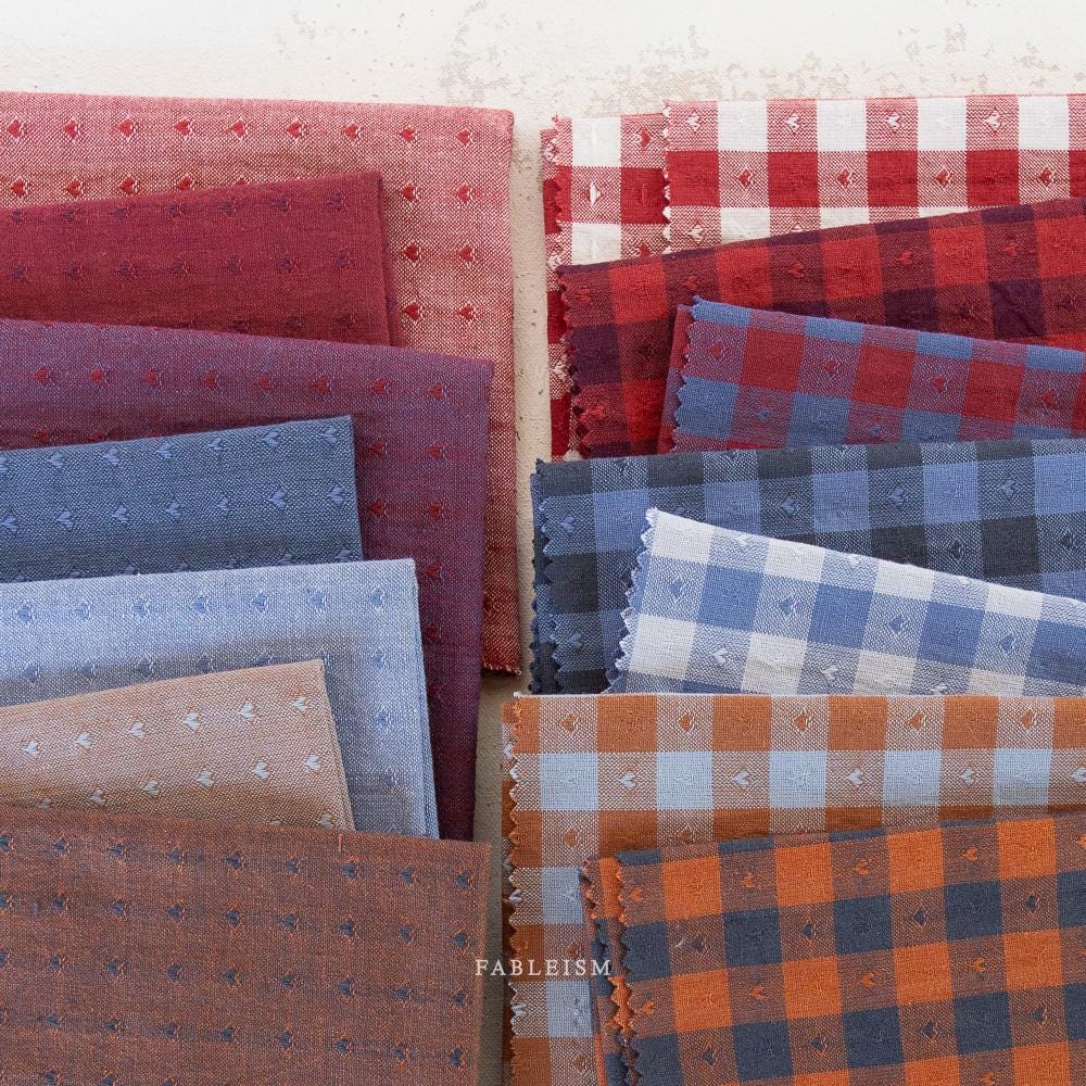 Dobby Hearts Gingham Blueberry by Fableism Fabric sold by 1/2 yard extra wide | Blue Gray plaid 100% Cotton woven fabric quilting & clothes