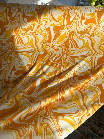 Deadstock Groovy Double Brushed Knit Fabric, sold by the 1/2 yard | Orange Yellow Summer Swirl Pattern for clothes - dresses, tops, sets