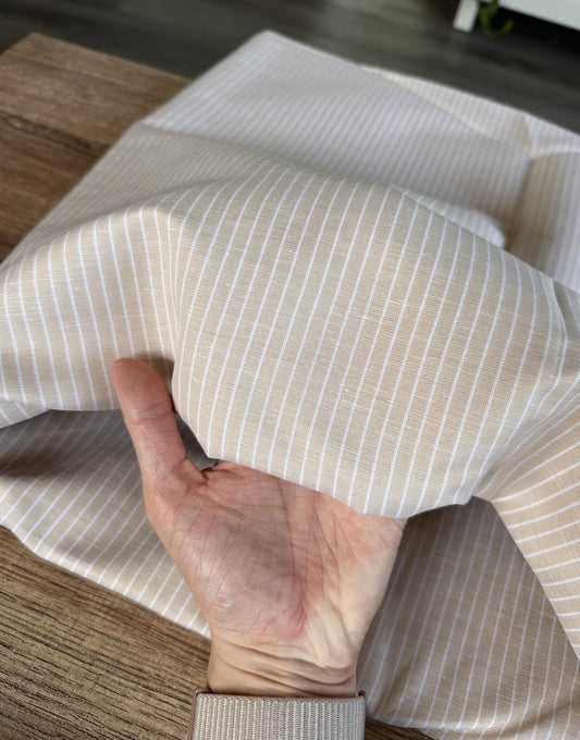 Striped Tan and White Linen/Cotton Blend sold by the half yard | Lightweight linen for apparel, home decor | Deadstock fabric