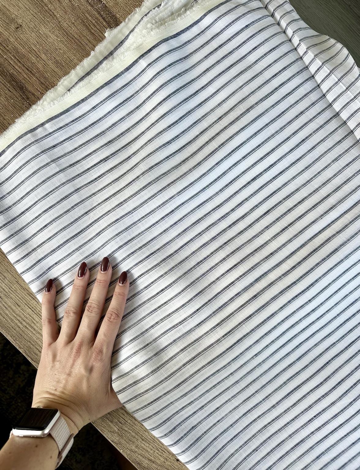 Striped blue-gray and white 100% Linen sold by the half yard | Lightweight linen for apparel and home decor