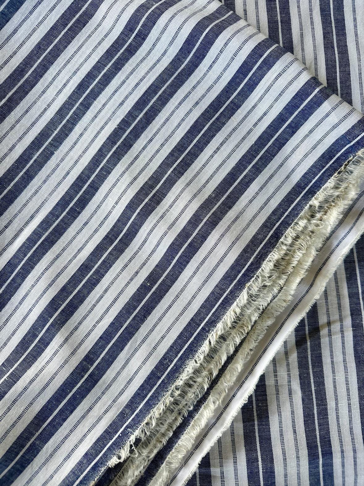 Striped Blue and White Linen/Cotton Blend sold by the half yard | Lightweight linen for apparel, home decor | Deadstock fabric