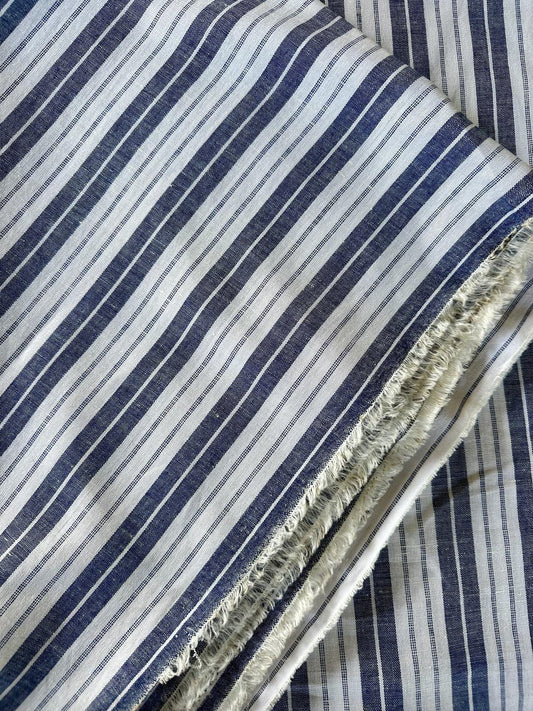 Striped Blue and White Linen/Cotton Blend sold by the half yard | Lightweight linen for apparel, home decor | Deadstock fabric