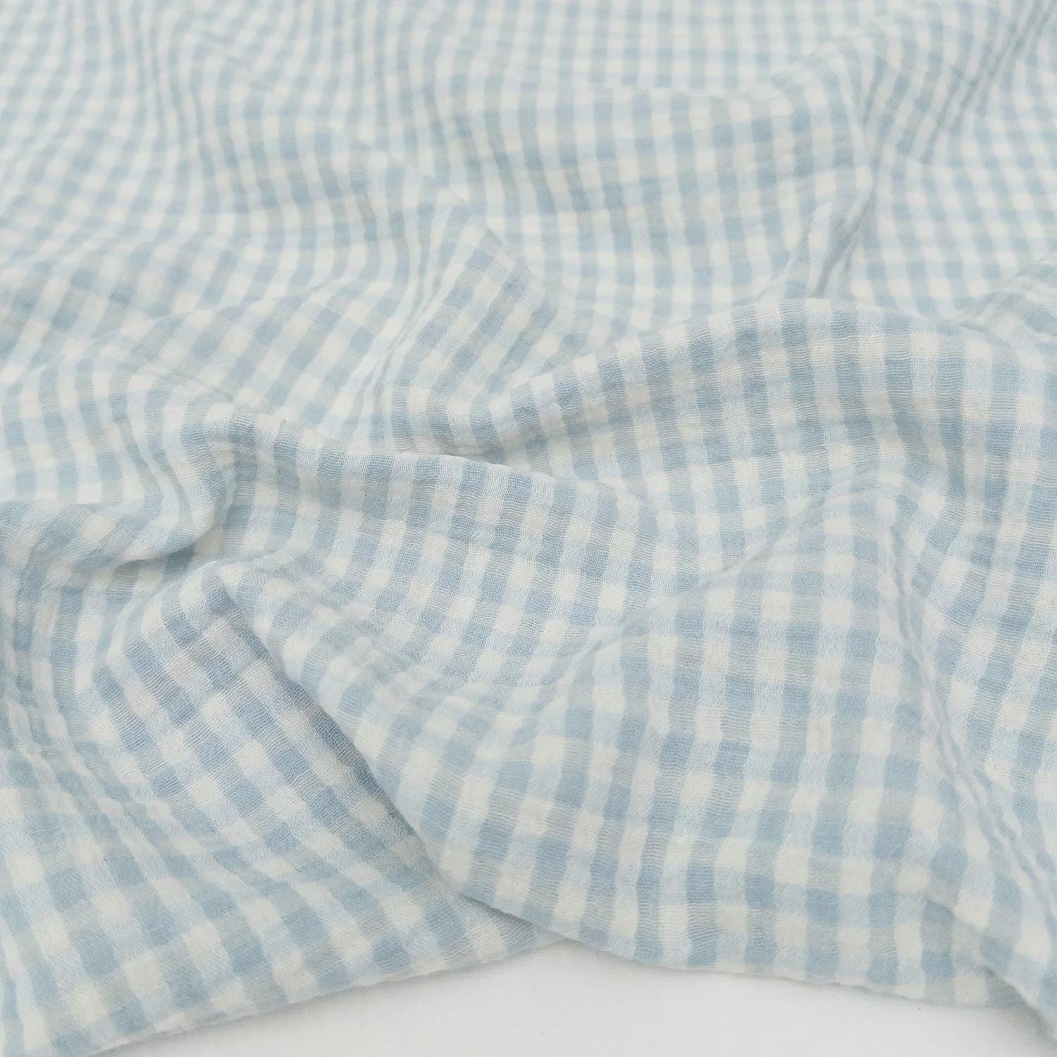 Organic Cotton Gauze Gingham Fabric in Mist | Sold by the half yard, checkered sustainable eco-friendly fabric