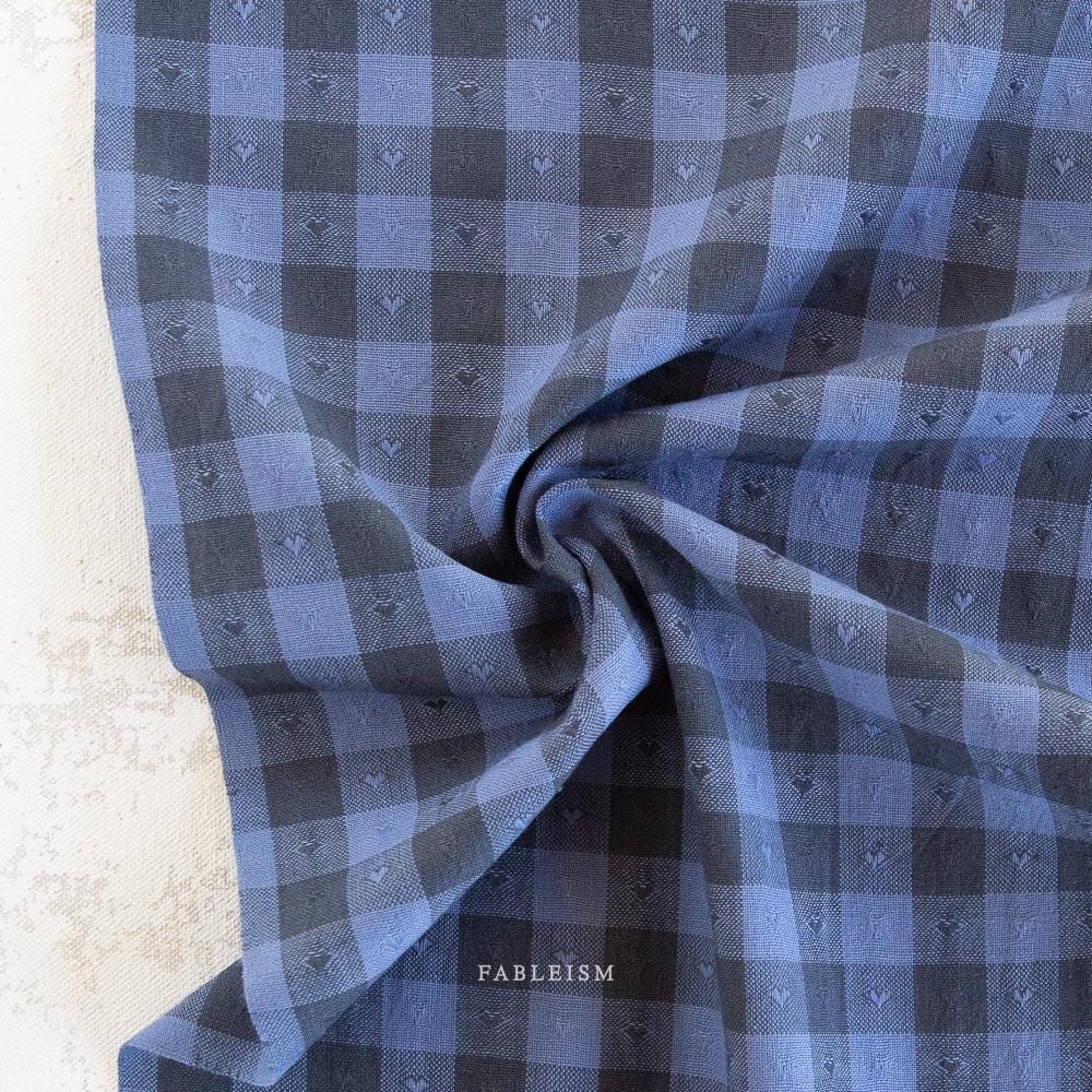 Dobby Hearts Gingham Blueberry by Fableism Fabric sold by 1/2 yard extra wide | Blue Gray plaid 100% Cotton woven fabric quilting & clothes