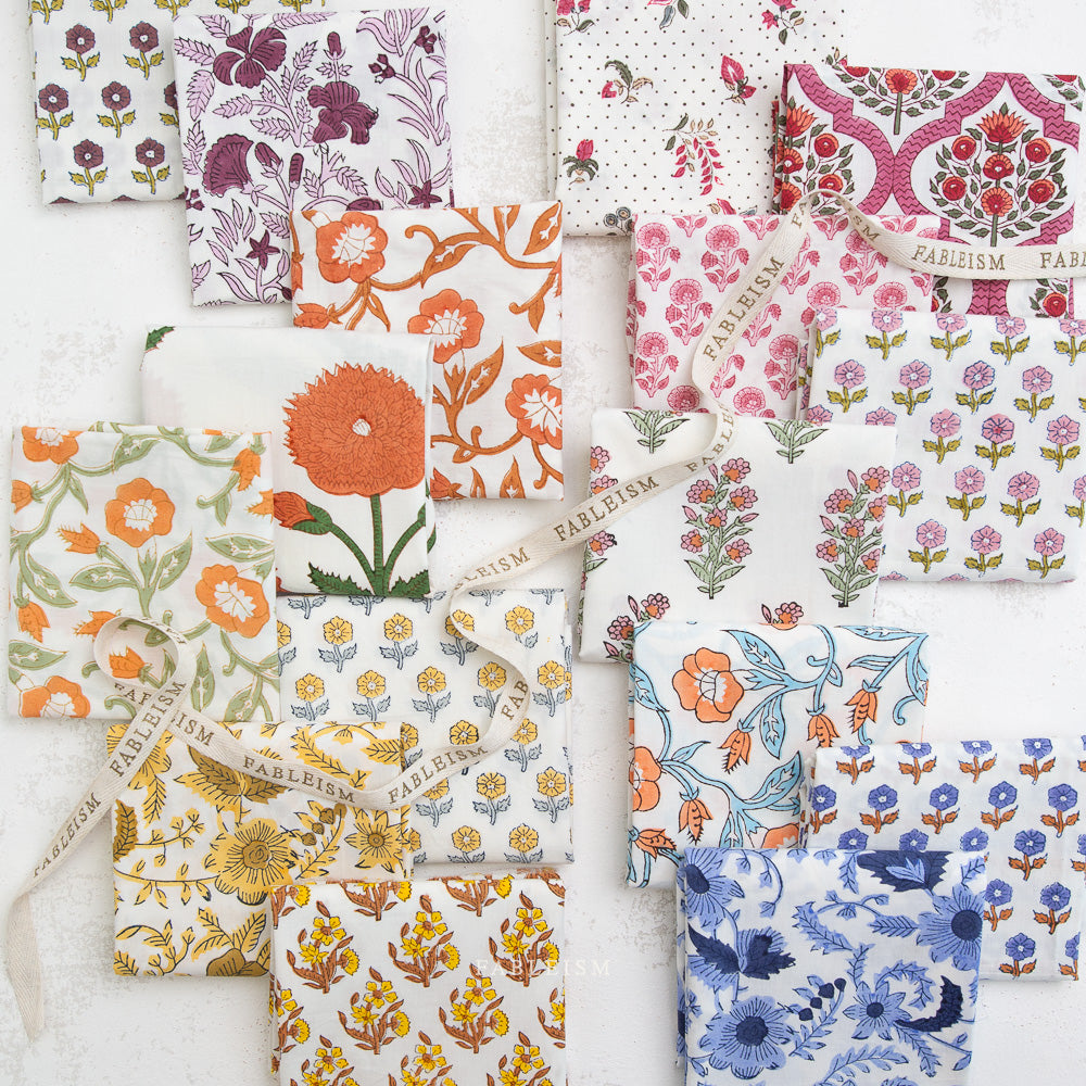 Country Floral Cotton Block Print in Blue