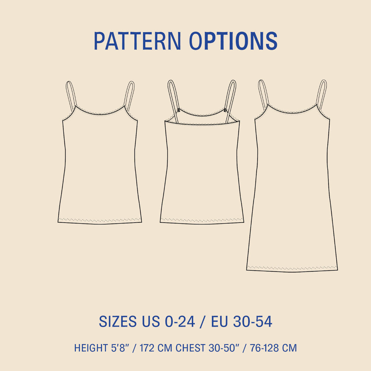 Pattern options for a tank top with size and height specifications on a beige background