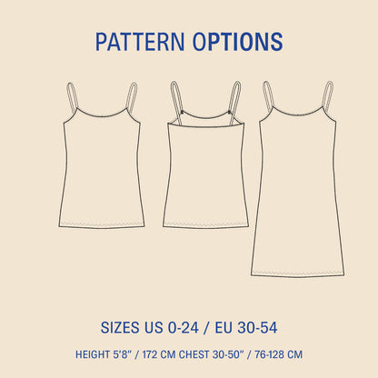 Pattern options for a tank top with size and height specifications on a beige background