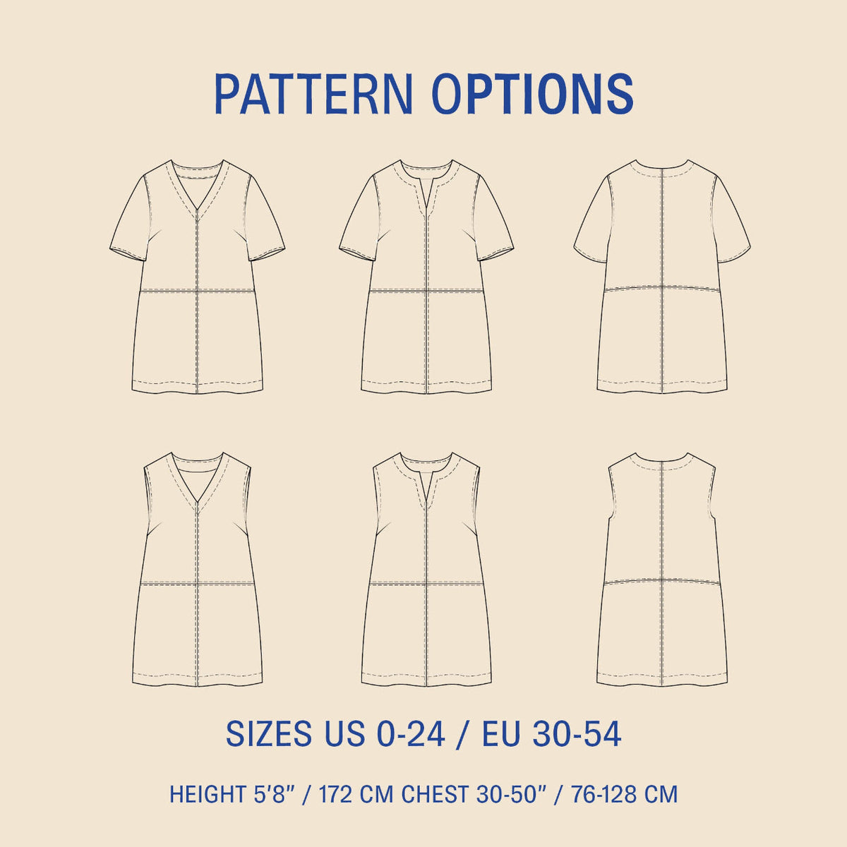 Pattern options for a dress with various views on a beige background