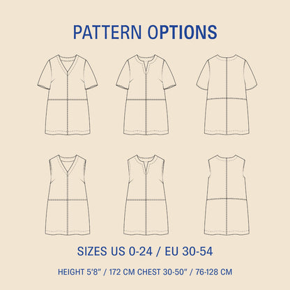 Pattern options for a dress with various views on a beige background